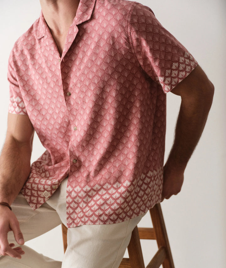 Tencel Linen Resort Shirt Withered Rose Agave Print