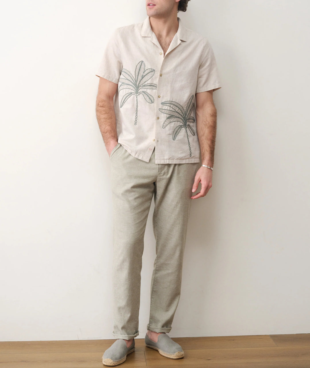 Embroidered Resort Shirt Cream/Green Palm