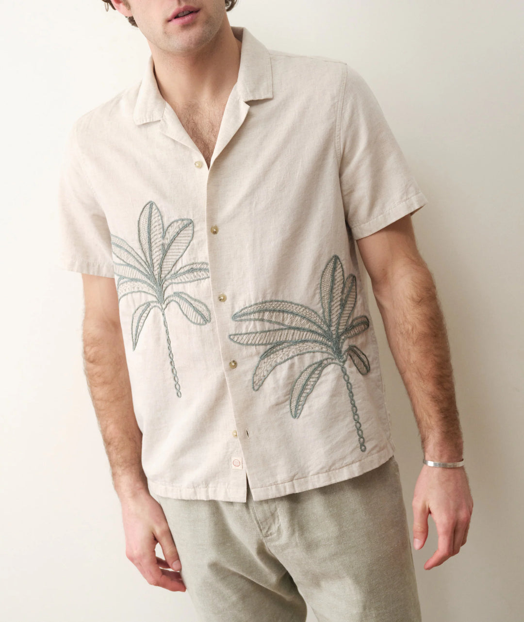 Embroidered Resort Shirt Cream/Green Palm