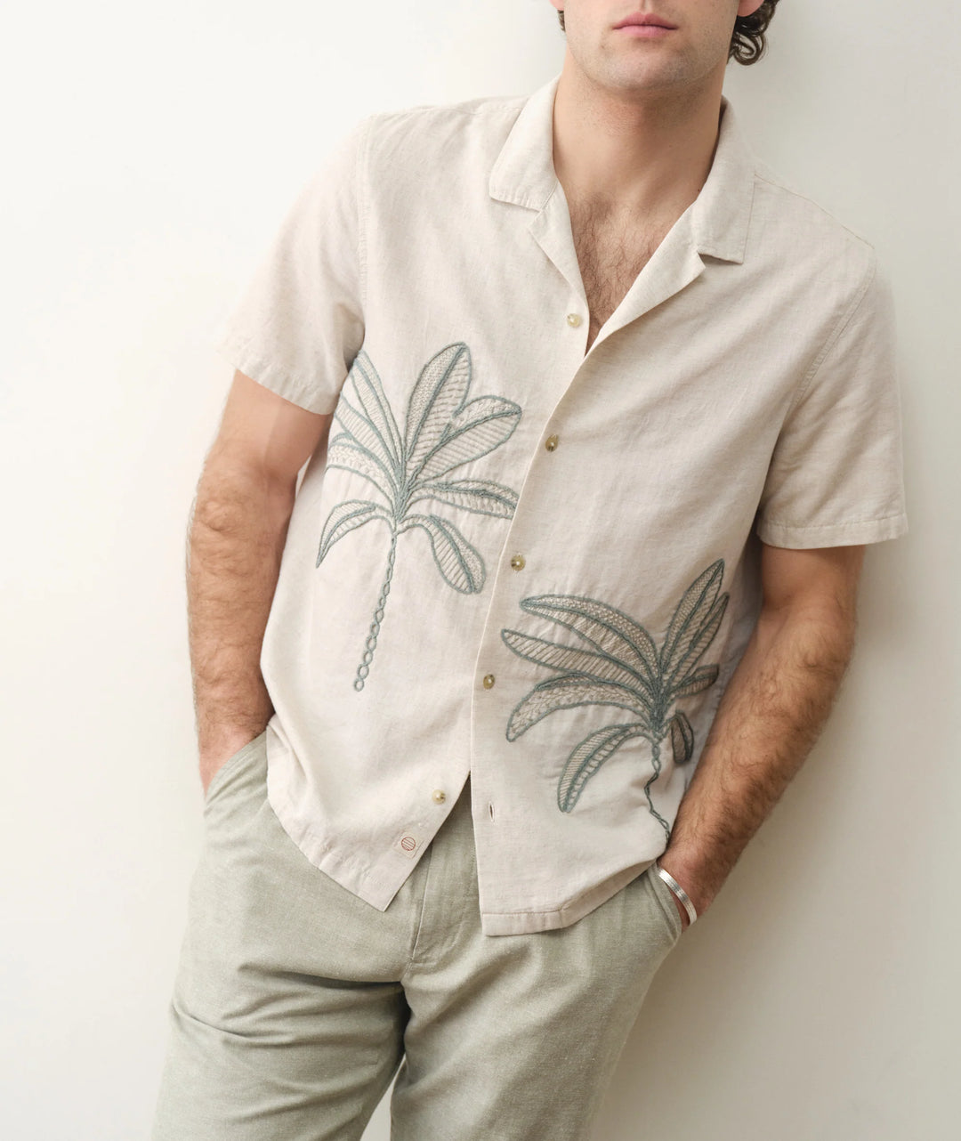 Embroidered Resort Shirt Cream/Green Palm