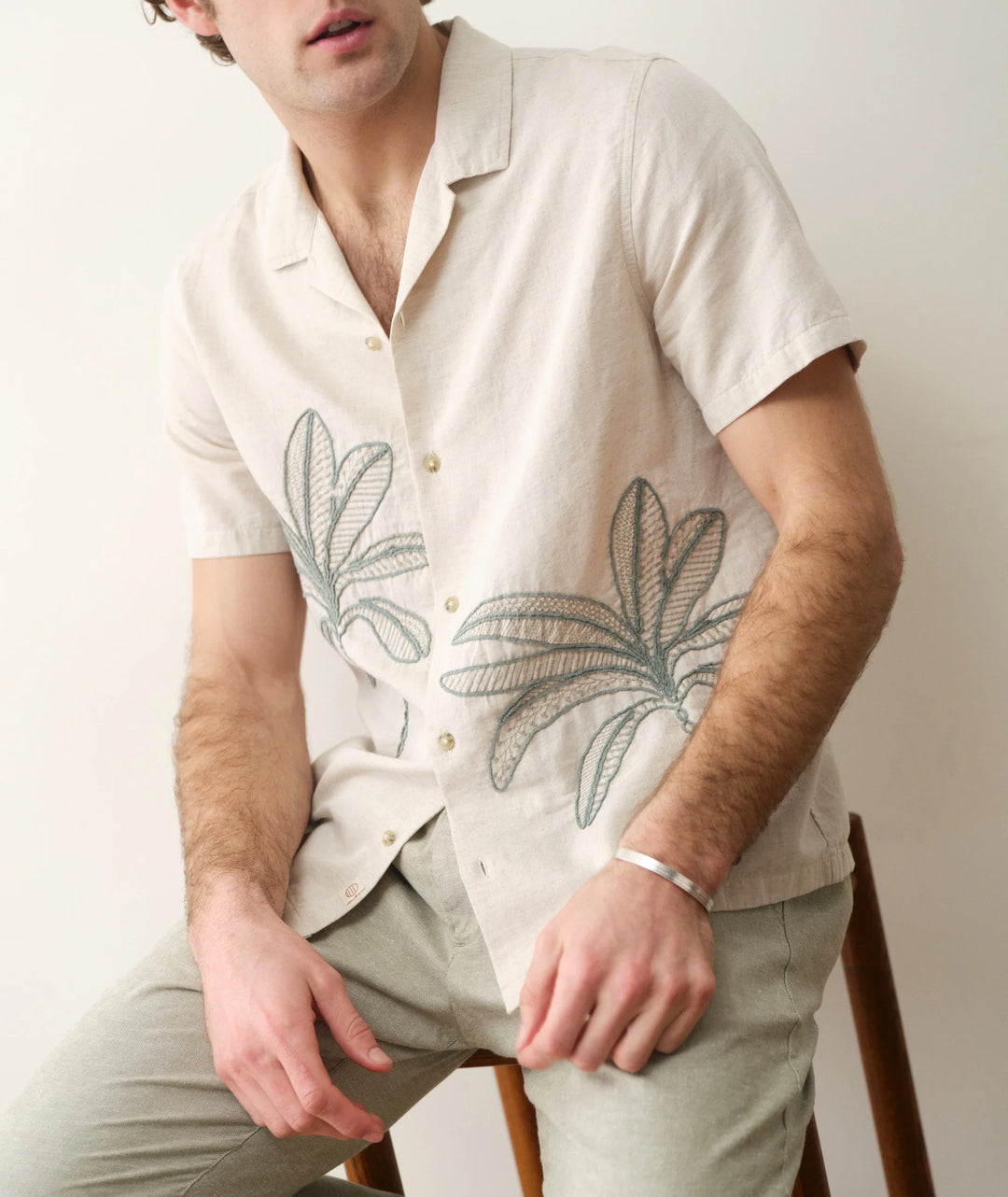 Embroidered Resort Shirt Cream/Green Palm