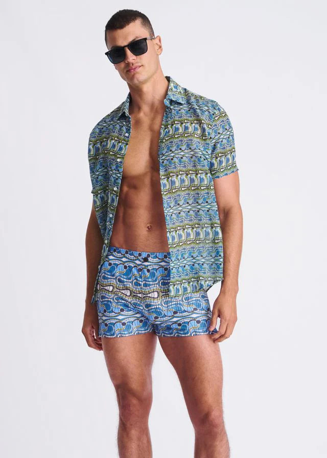 Cobalt/Olive Swirls Printed Seersucker Swim Shorts W/Mesh Lining PM-6018-51