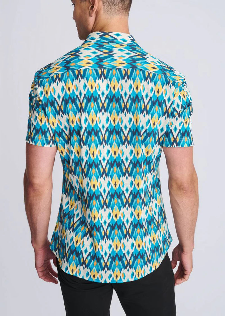 Teal/Gold Diamonds Printed Performance Short Sleeve Shirt W/ Contrast Placket PM-76113