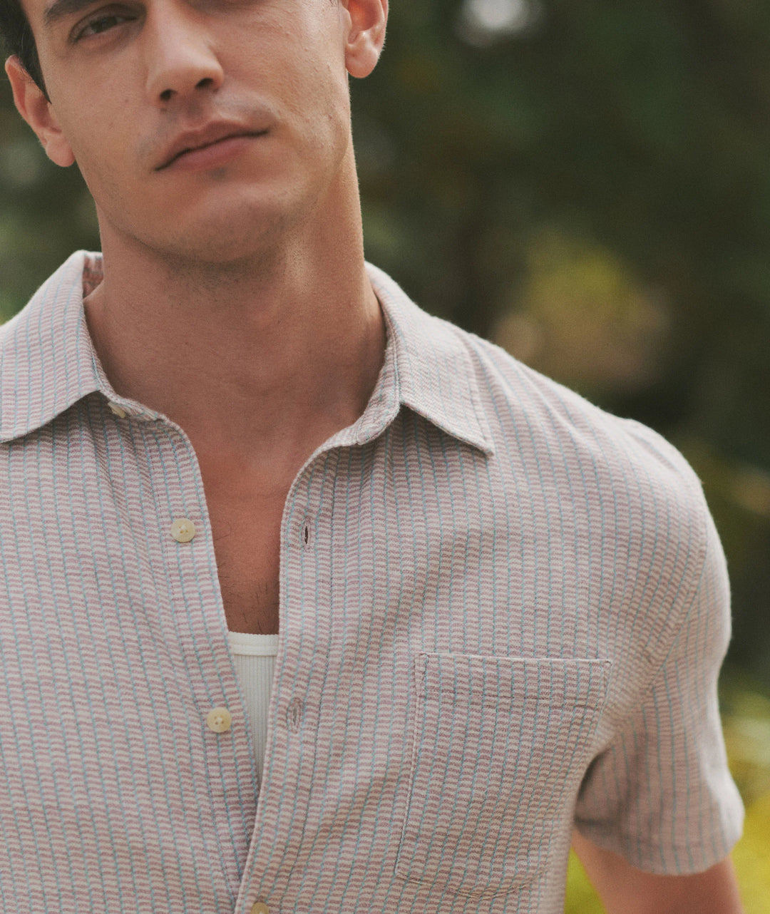 Classic Stretch Selvage Shirt Green Matchstick Print
