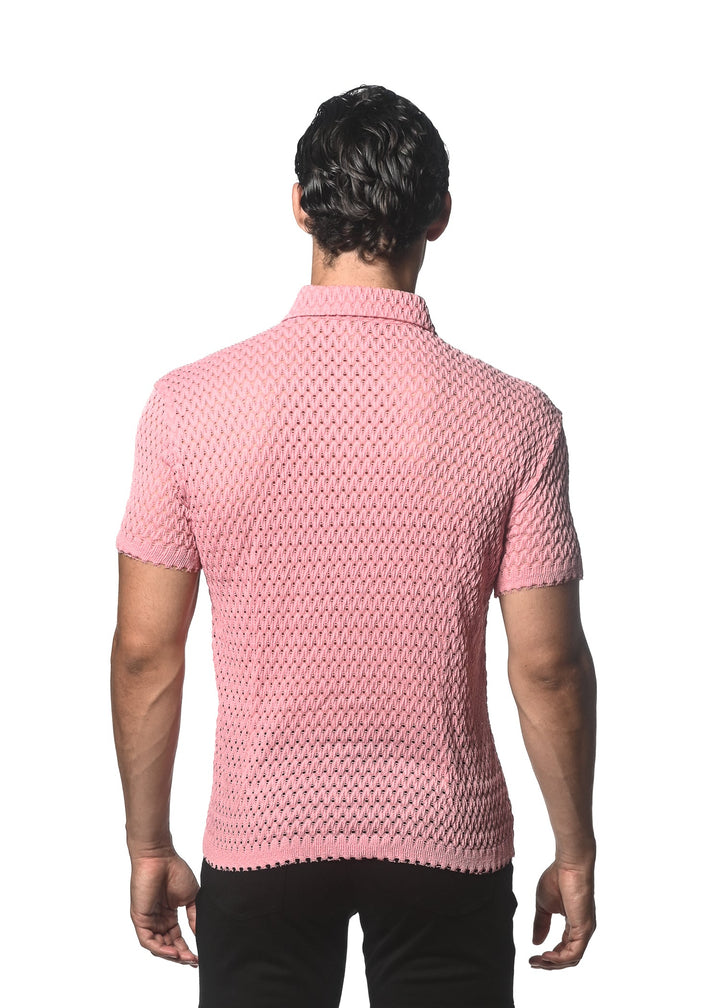 Bubble Gum Wave Mesh Gossamer Stretch Knit Short Sleeve Shirt St-24042