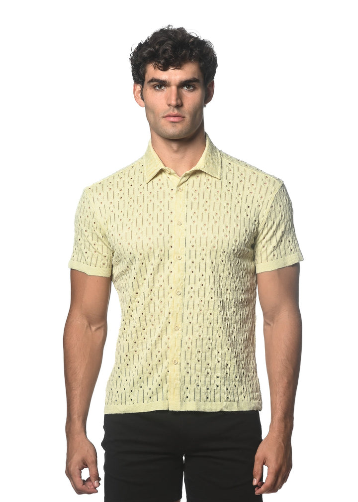 Latte Dash Dot Stretch Knit Short Sleeve Shirt St-24043