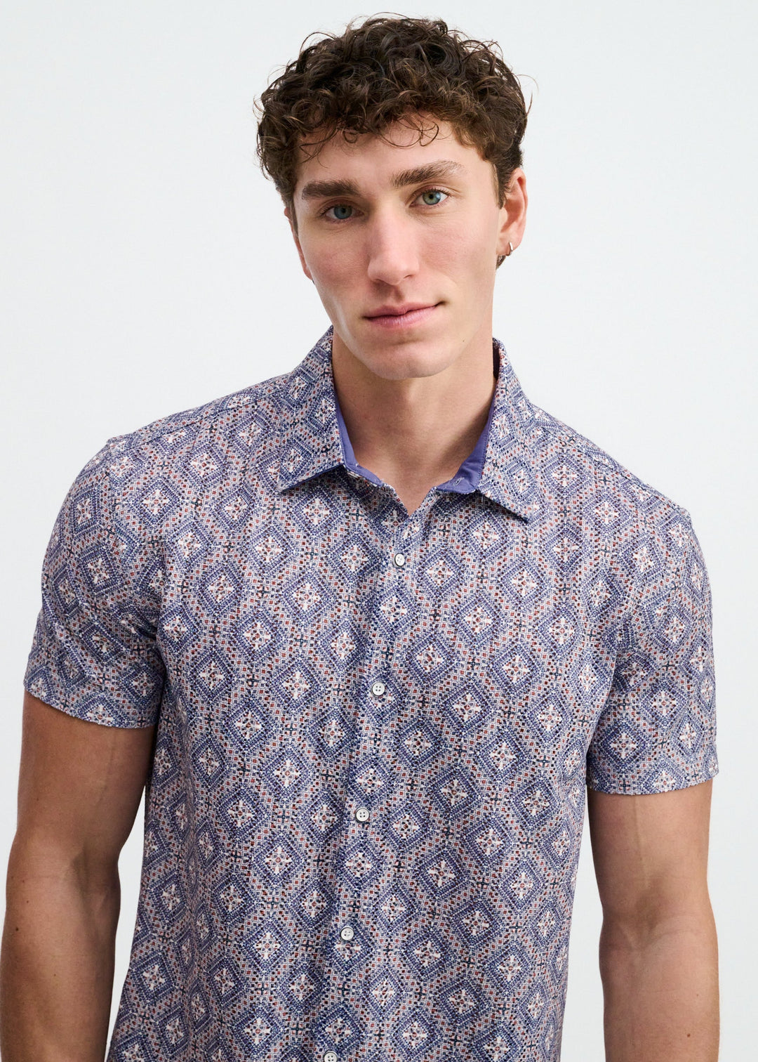 Blueberry/Petal Diamonds Printed Open Knit Stretch Short Sleeve Shirt St-48079