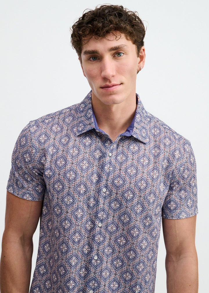 Blueberry/Petal Diamonds Printed Open Knit Stretch Short Sleeve Shirt St-48079