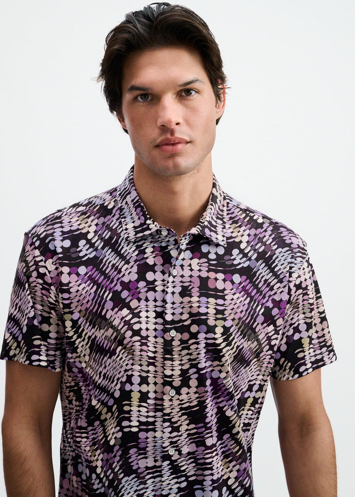 Purple/Aloe Waves Printed Cotton Knit Jersey Short Sleeve Shirt St-9364