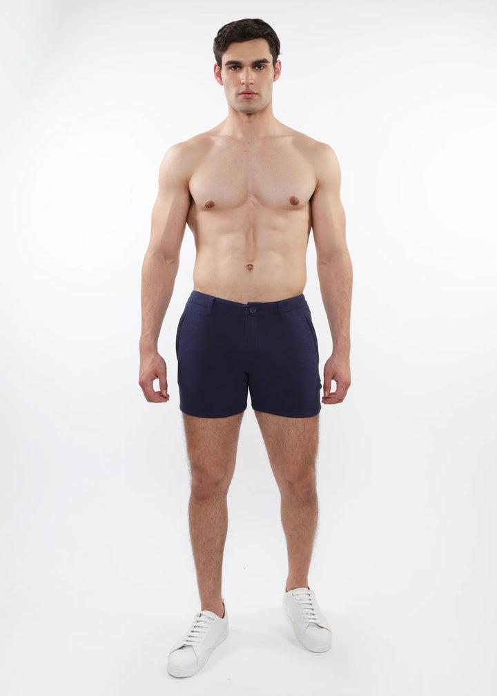 Navy 5" Inseam Textured Stretch Knit Chino Shorts W/ Zip Pockets St-1986-09