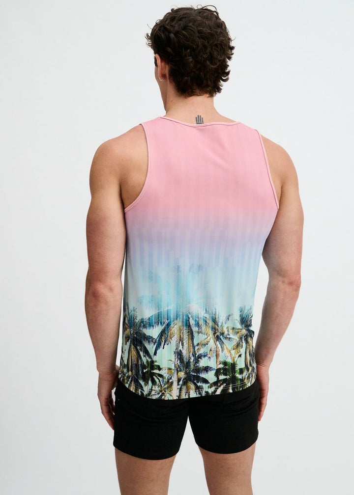 Blush/Aqua Palms Printed Stretch Mesh Tank St-11148
