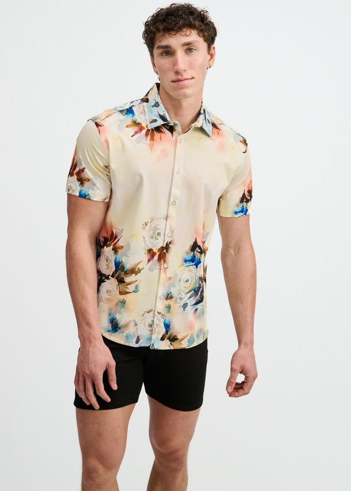 Yolk/Blush Floral Engineered Border Print Cotton Knit Jersey Short Sleeve Shirt St-9356