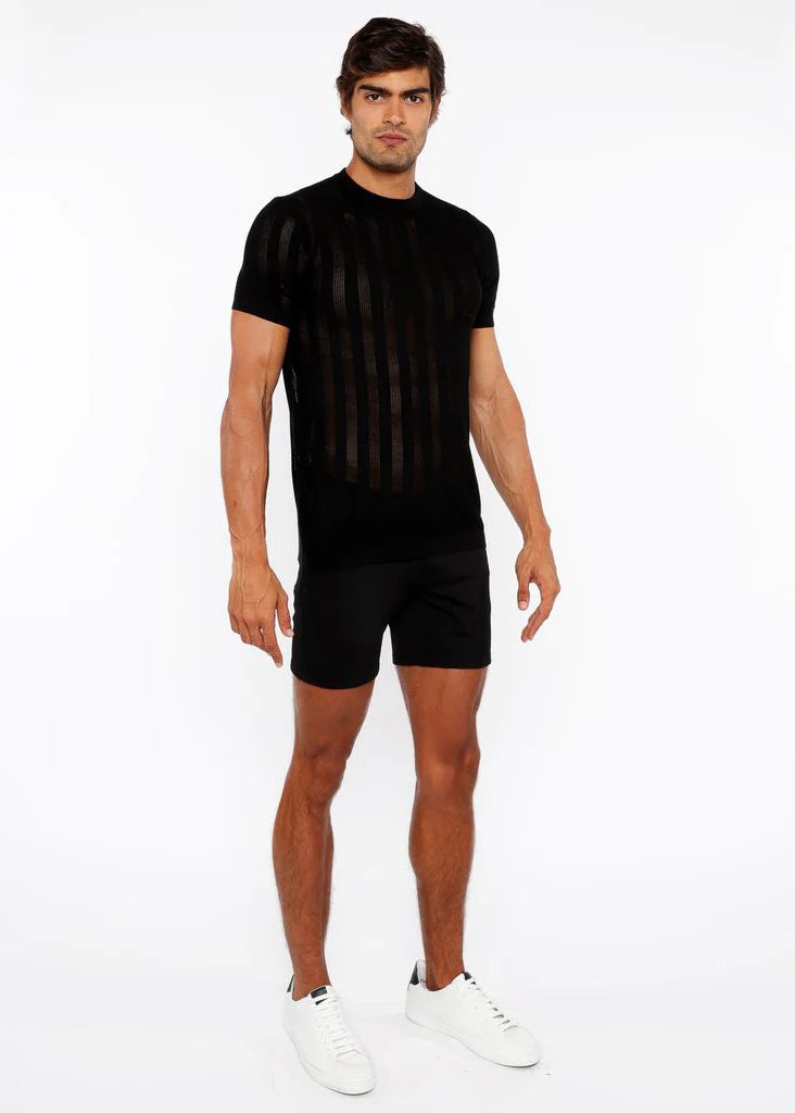 Black Textured Knitted Crew Tee St-24304
