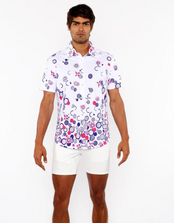 Fuchsia/Navy Circles Border Print Cotton Jersey Knit Short Sleeve Shirt St-9340