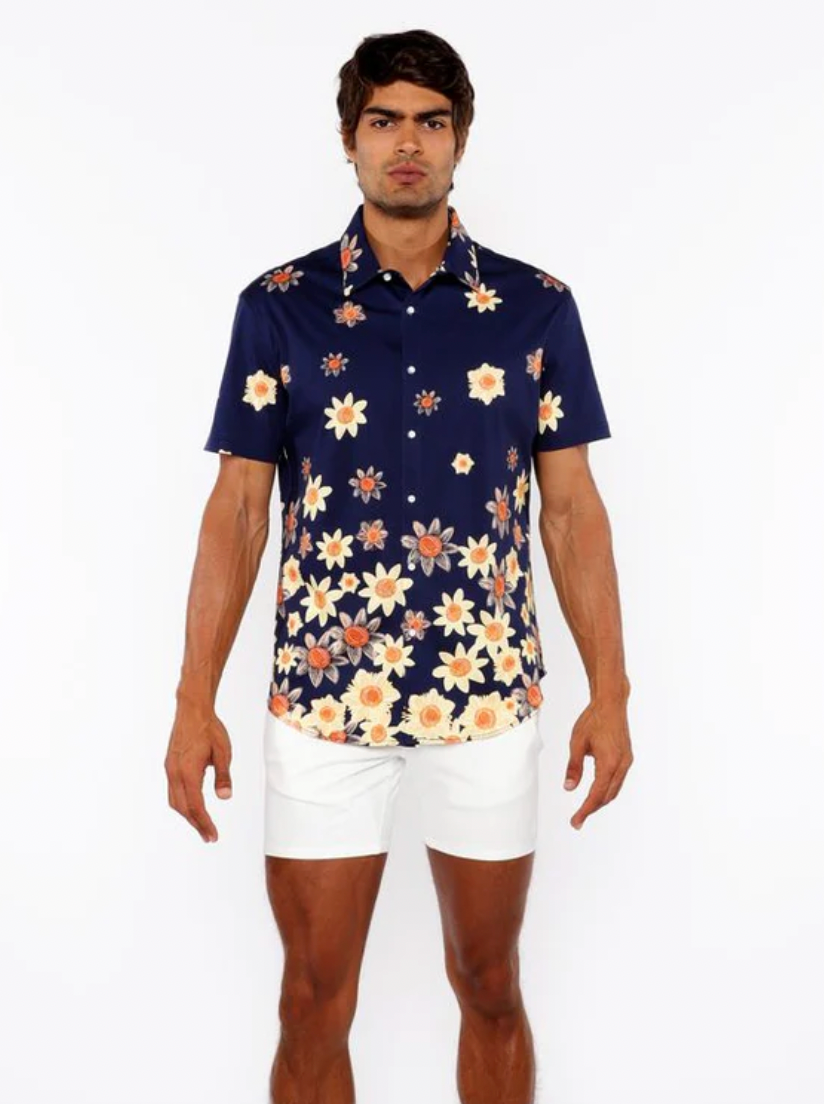 Navy/Yellow Sunflowers Border Print Cotton Jersey Knit Short Sleeve Shirt
