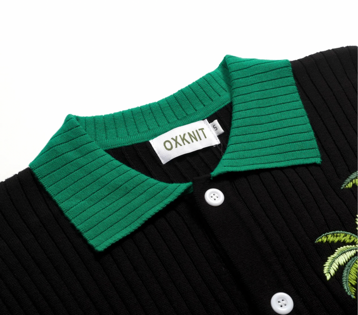 Black Striped Coconut Tree Embroidered Knitted Cardigan
