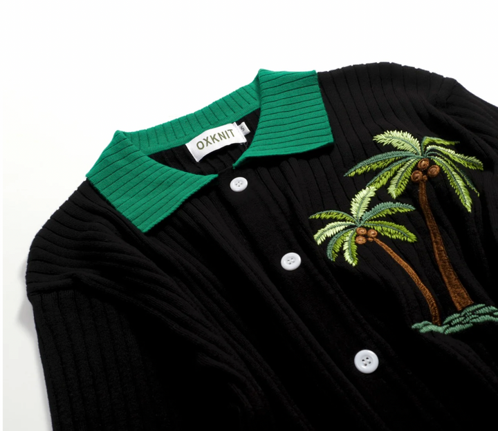Black Striped Coconut Tree Embroidered Knitted Cardigan