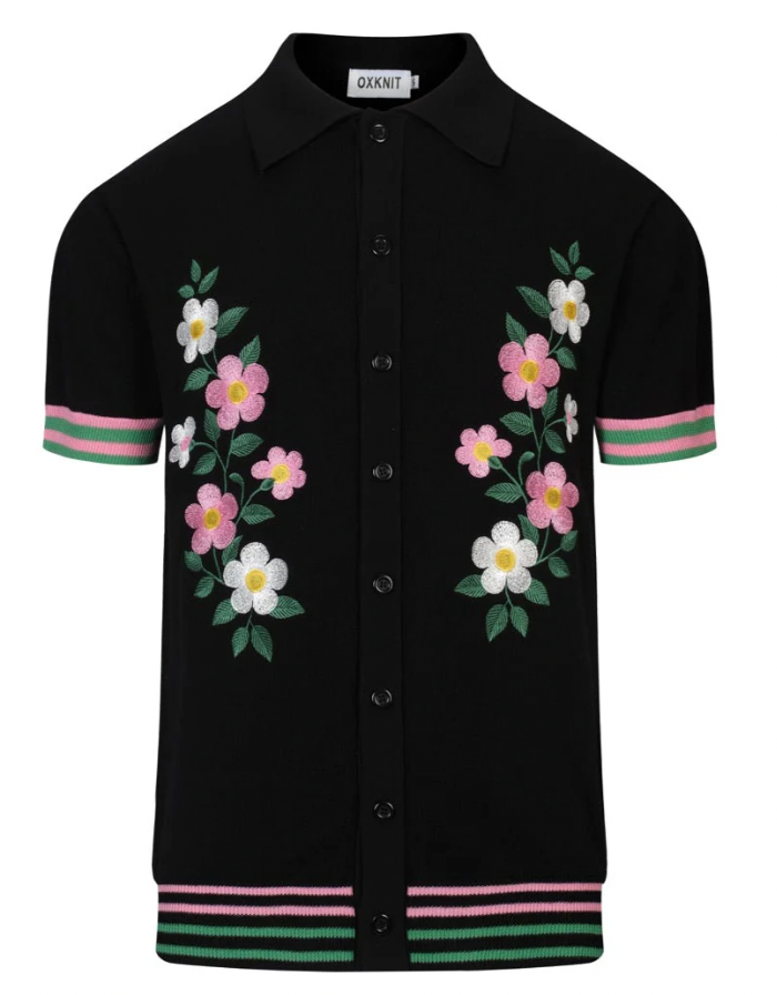 Black Floral Embroidered Striped Trim Cardigan
