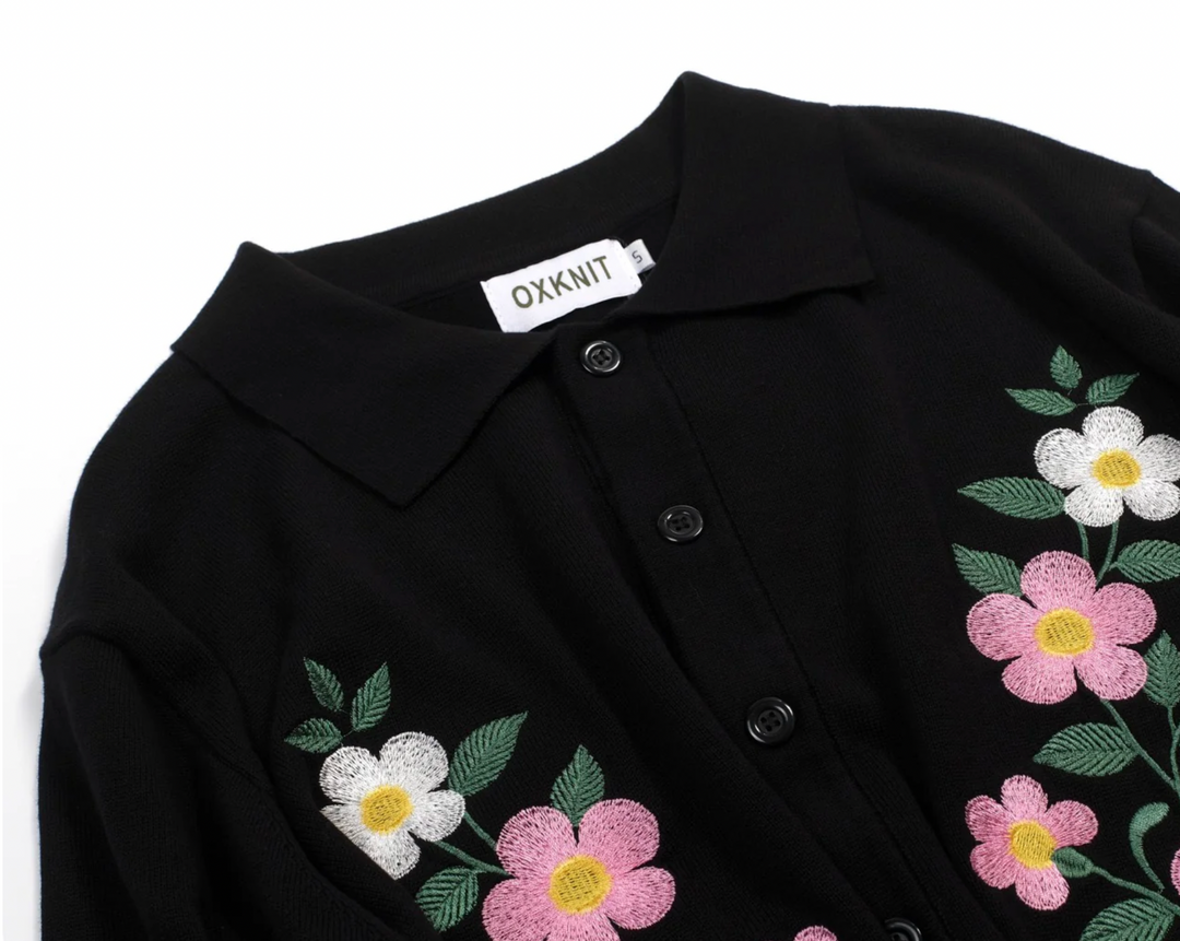 Black Floral Embroidered Striped Trim Cardigan