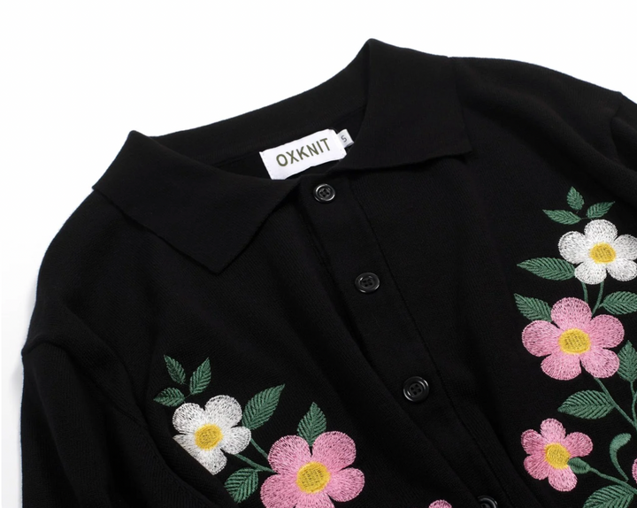 Black Floral Embroidered Striped Trim Cardigan