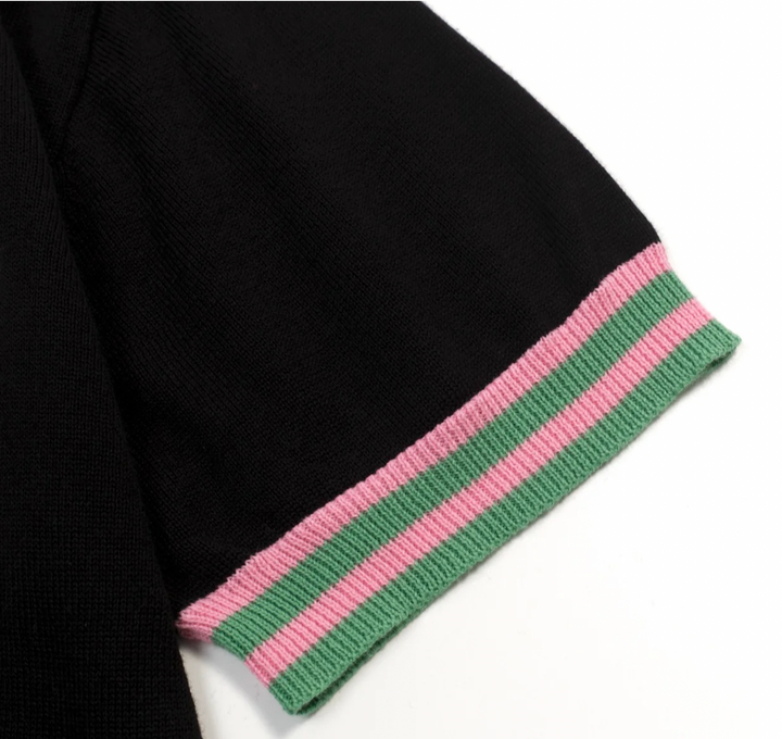 Black Floral Embroidered Striped Trim Cardigan