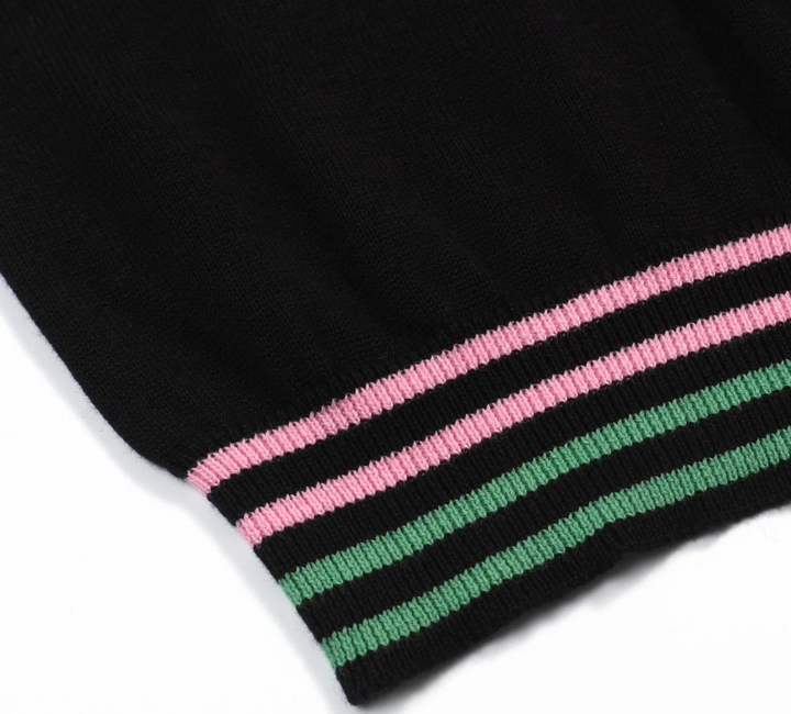 Black Floral Embroidered Striped Trim Cardigan