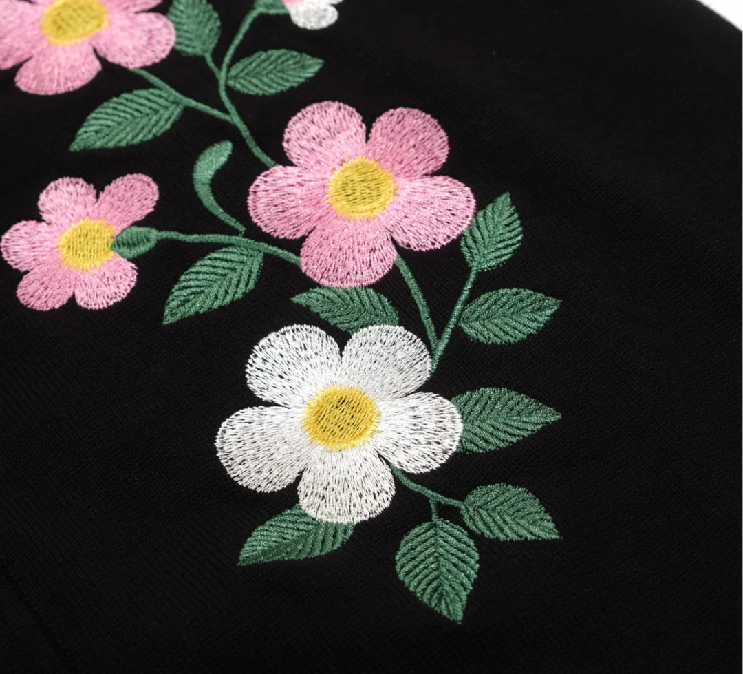 Black Floral Embroidered Striped Trim Cardigan