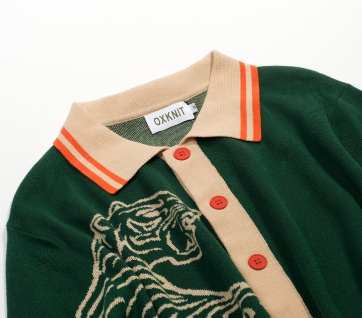 Green Retro Luxury Style Tiger Jacquard Cardigan