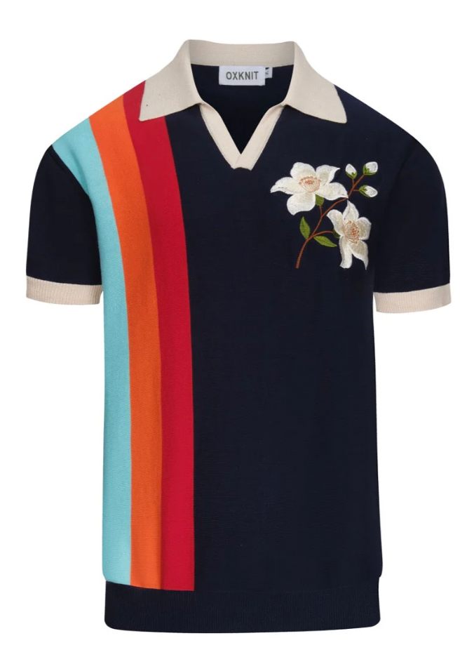 Dark Blue Vintage Floral Embroidered Polo Knit