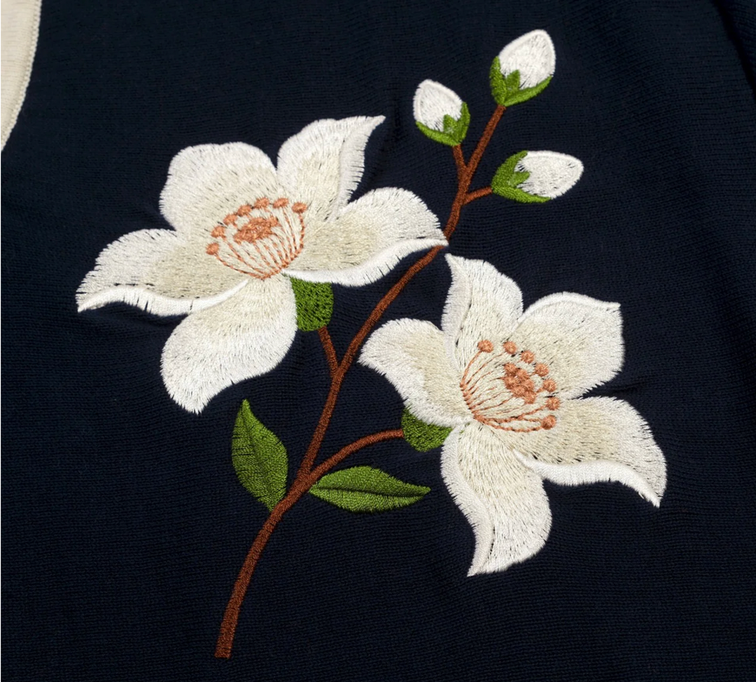 Dark Blue Vintage Floral Embroidered Polo Knit