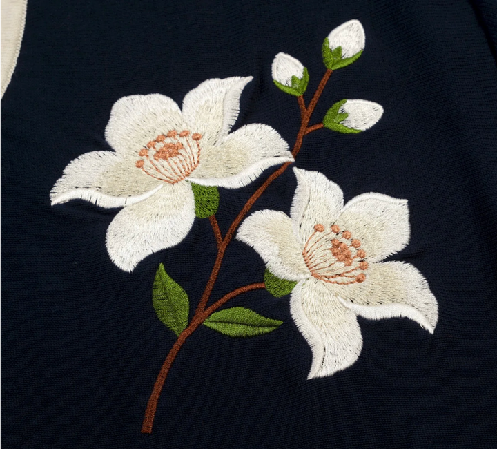 Dark Blue Vintage Floral Embroidered Polo Knit