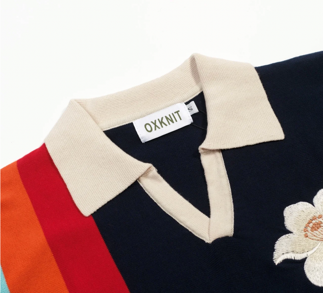 Dark Blue Vintage Floral Embroidered Polo Knit