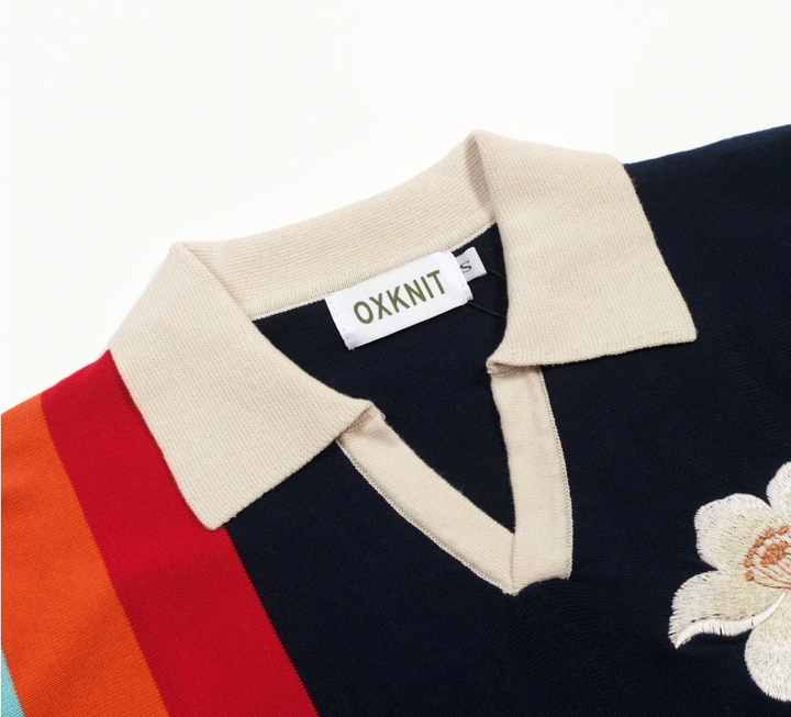 Dark Blue Vintage Floral Embroidered Polo Knit