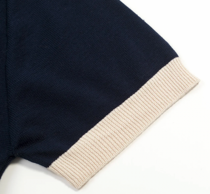 Dark Blue Vintage Floral Embroidered Polo Knit