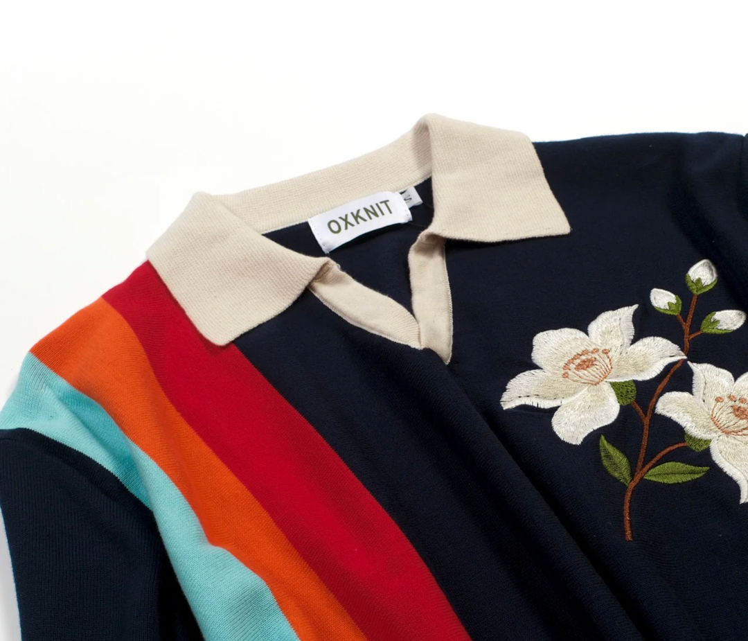 Dark Blue Vintage Floral Embroidered Polo Knit