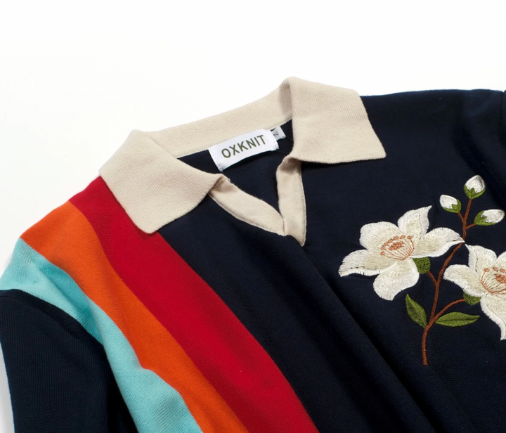 Dark Blue Vintage Floral Embroidered Polo Knit