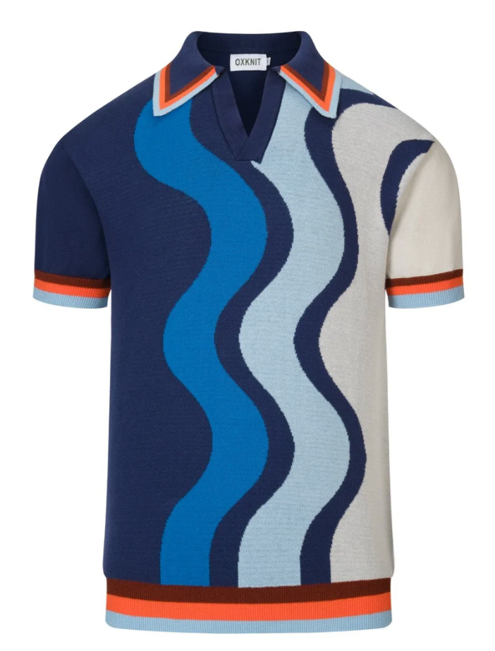 Blue Vintage Wavy Striped Jacquard Polo Knit