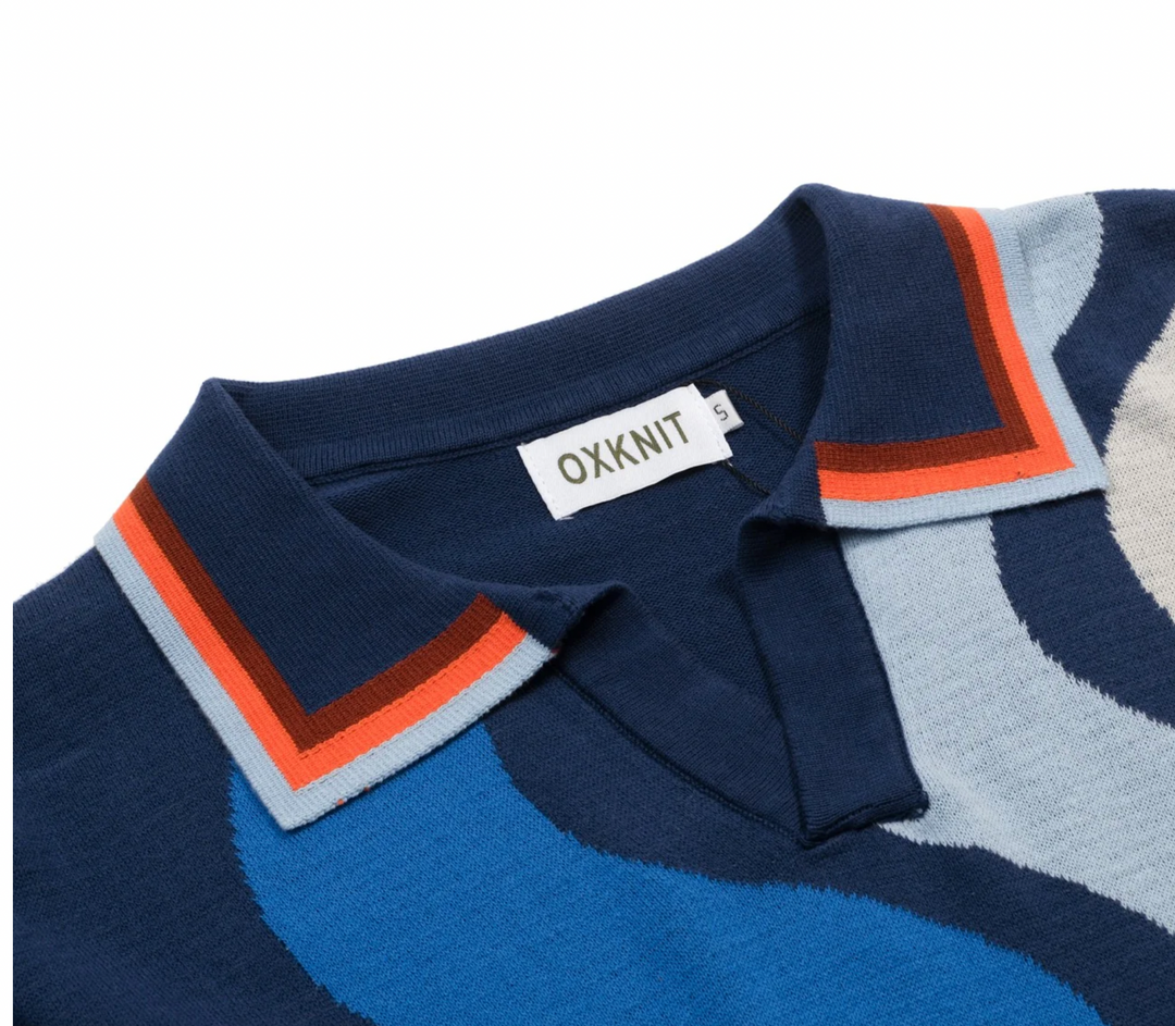 Blue Vintage Wavy Striped Jacquard Polo Knit