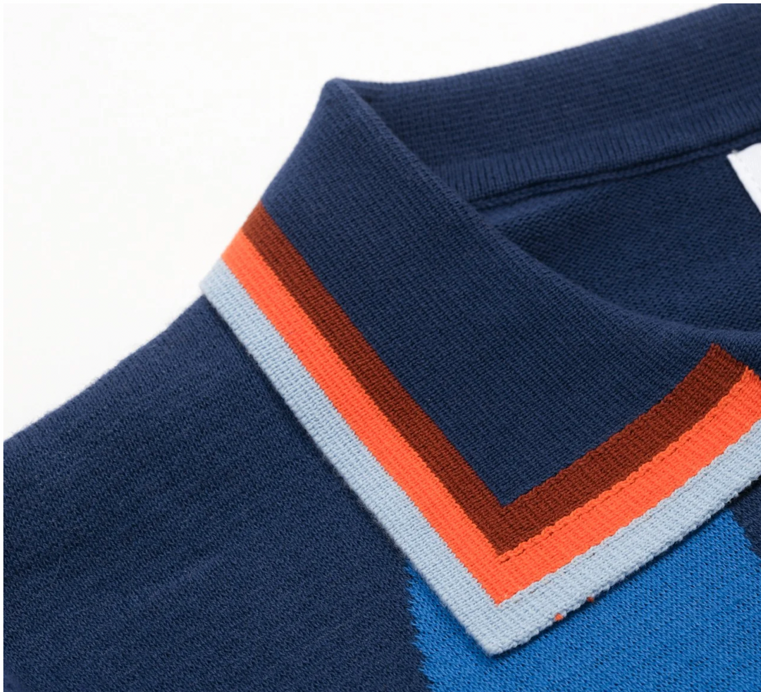 Blue Vintage Wavy Striped Jacquard Polo Knit