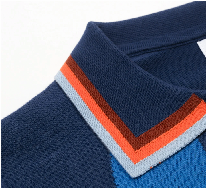 Blue Vintage Wavy Striped Jacquard Polo Knit
