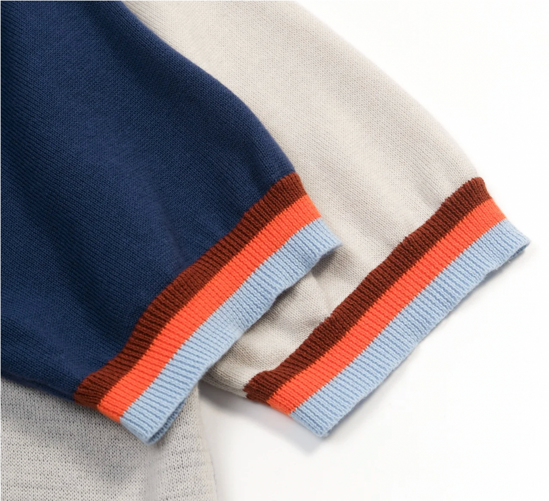 Blue Vintage Wavy Striped Jacquard Polo Knit
