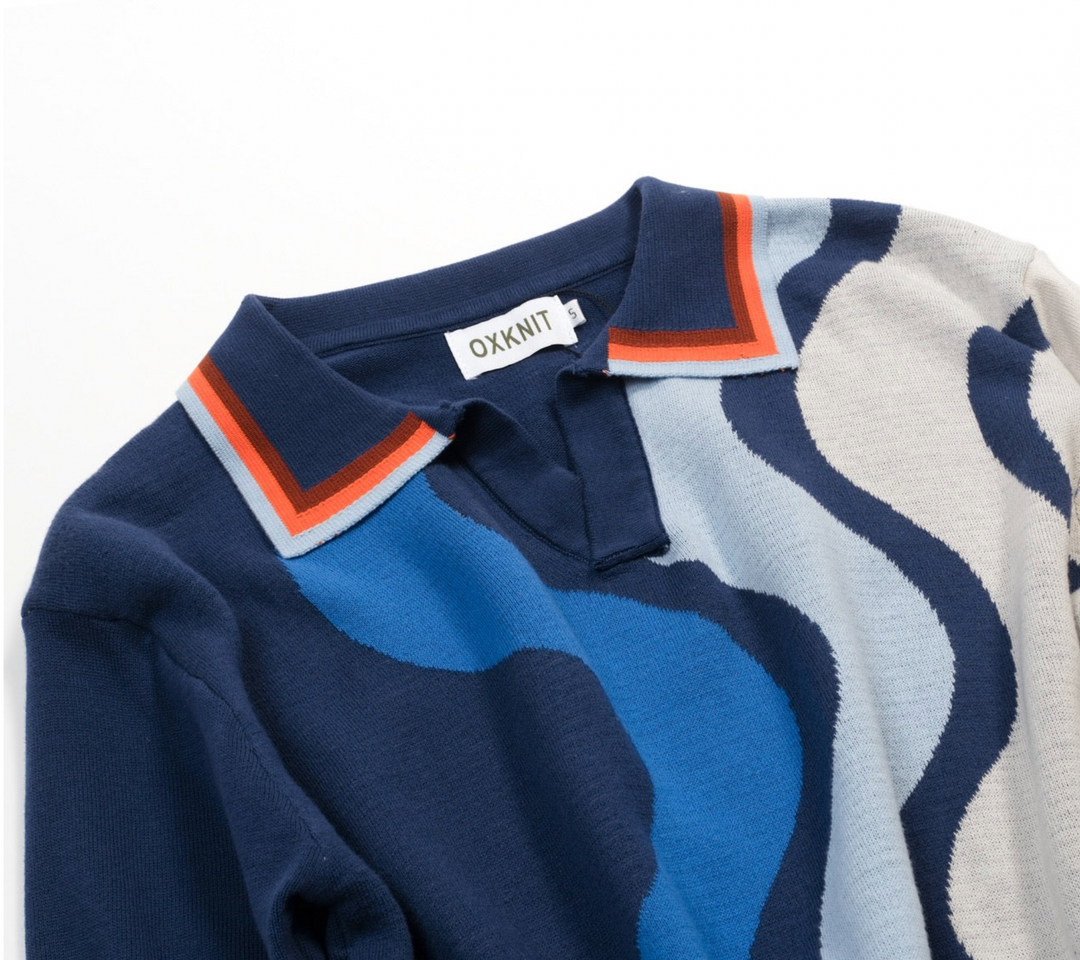 Blue Vintage Wavy Striped Jacquard Polo Knit
