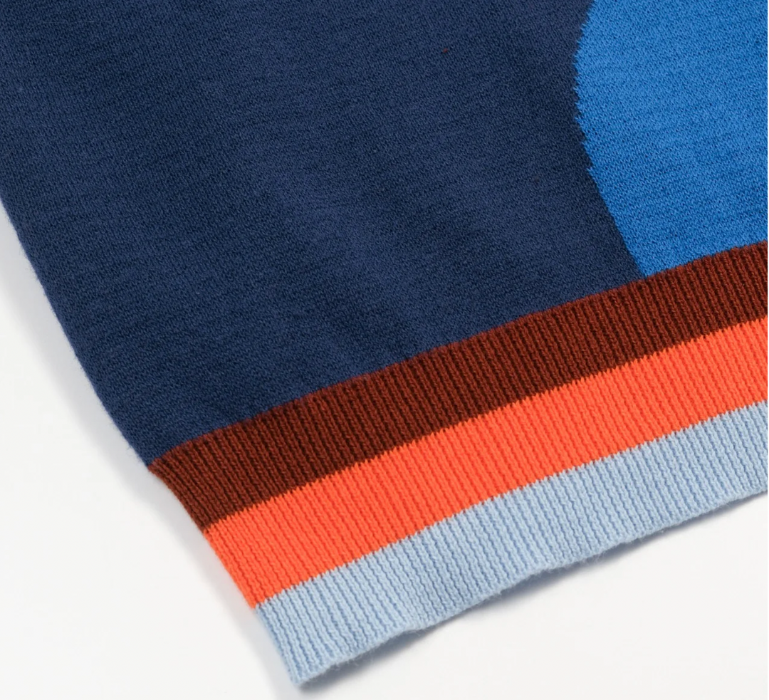 Blue Vintage Wavy Striped Jacquard Polo Knit