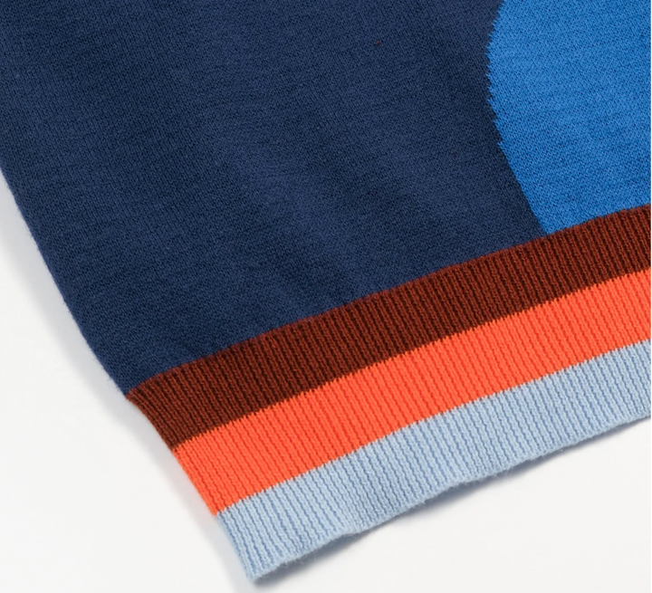 Blue Vintage Wavy Striped Jacquard Polo Knit