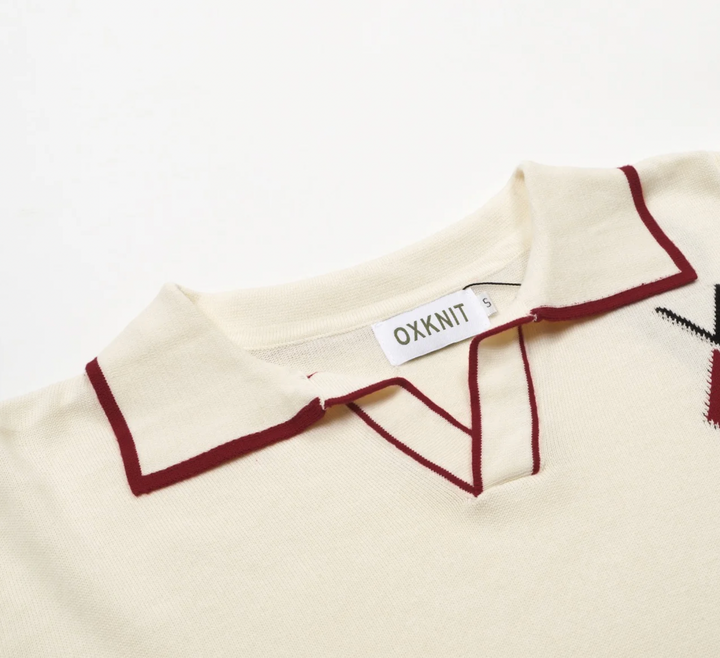 Apricot-White Diamond-shaped Knitted V-neck polo
