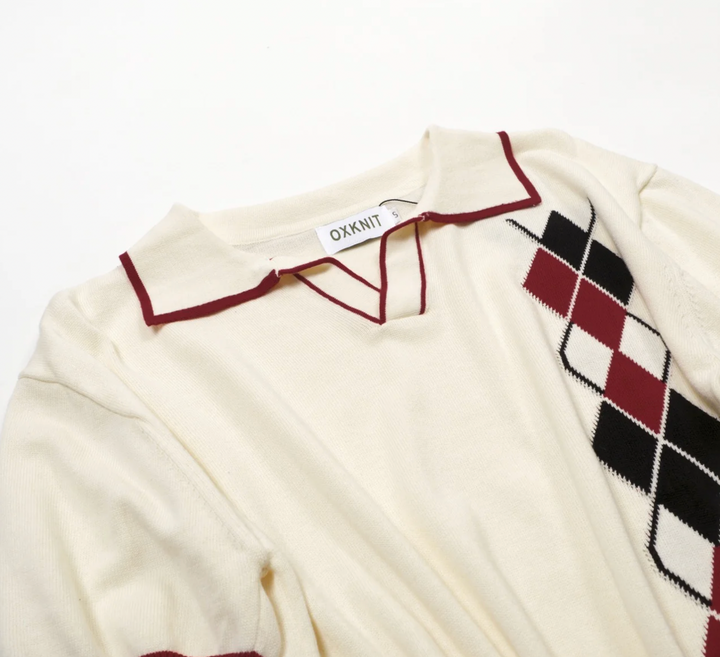 Apricot-White Diamond-shaped Knitted V-neck polo