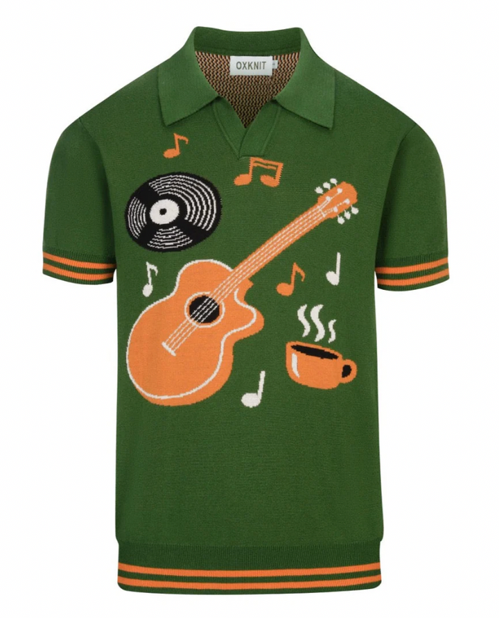 Green Guitar Retro V-neck short-sleeved polo