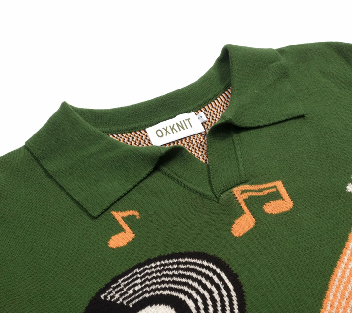 Green Guitar Retro V-neck short-sleeved polo