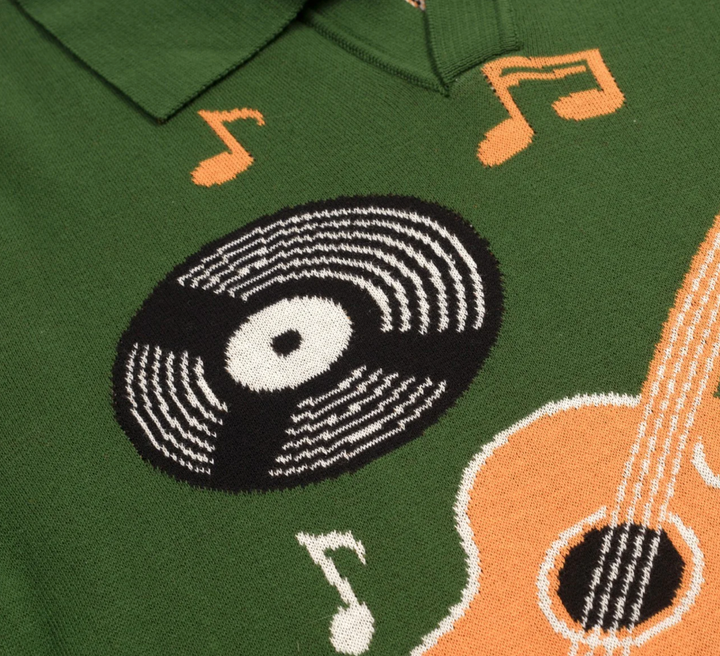 Green Guitar Retro V-neck short-sleeved polo