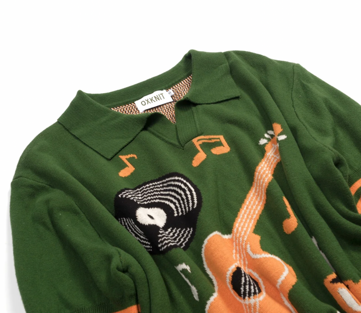 Green Guitar Retro V-neck short-sleeved polo